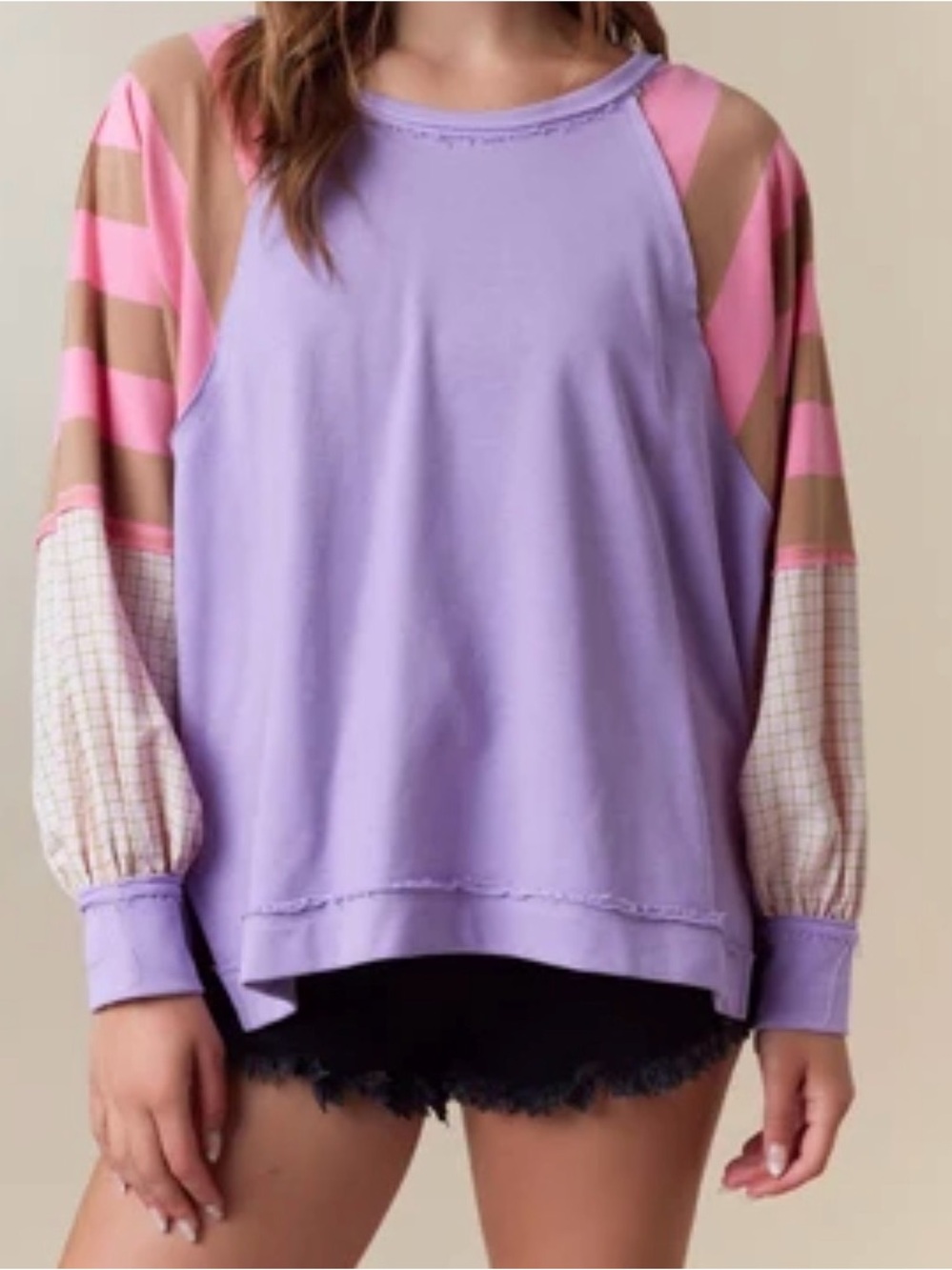 Fantastic Fawn OVERSIZED Solid Color Top w/ Contrasting Print Sleeves Womens S
